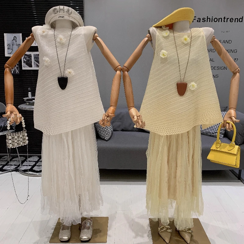 

Women's 3D Flower Sleeveless Tops Casual High Waist Skirt 2025 Summer New Style Fashion Solid Color Elegant Two Piece Set