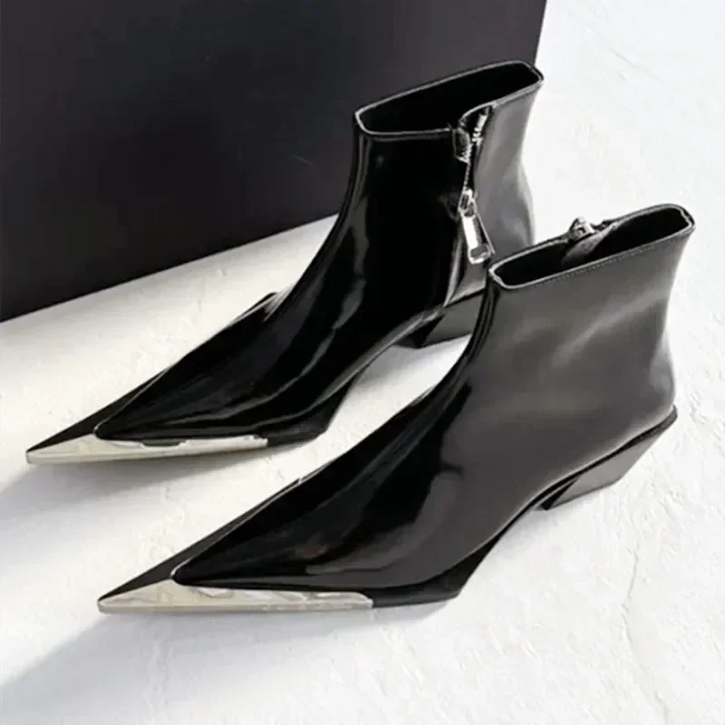 Sexy Pointed Toe Chelsea Boots Women 2025 Chunky Heel Metal Toe Decoration High Heels Side Zip Black Luxury Designer Ankle Boots