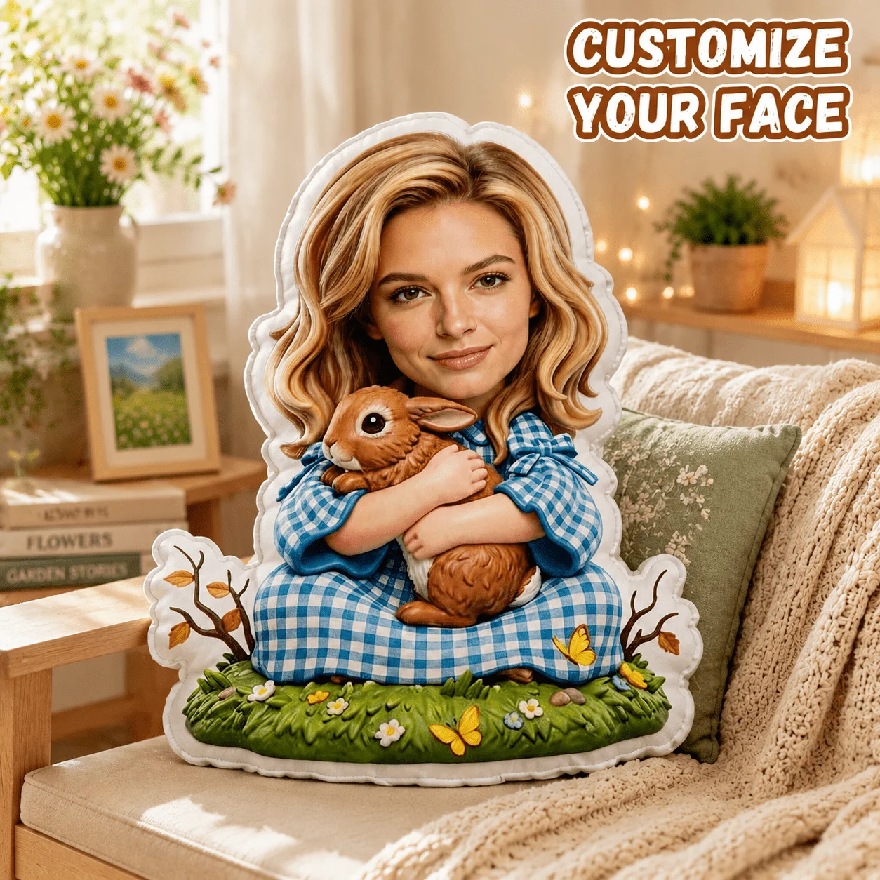 Custom Personalized Photo Face Pillow, Holding Rabbit In Blue Checkered Dress Custom Shaped Decorative Cushion, 70cm Home Decor