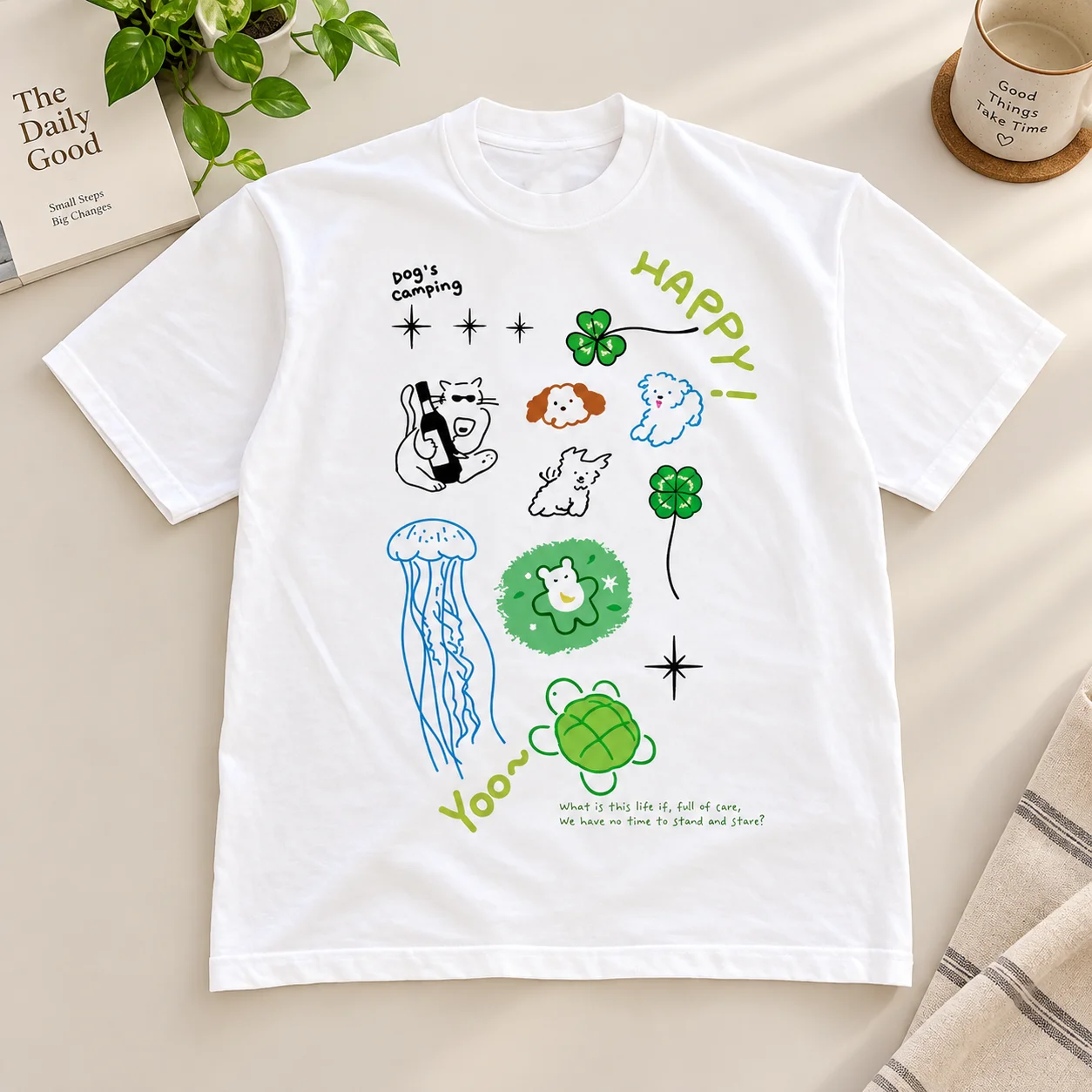 Women Cute Cartoon Animal Graphic T-shirt,Cat Jellyfish Printed Short Sleeved Couple Casual Sailing Style T-shirt Trendy Street