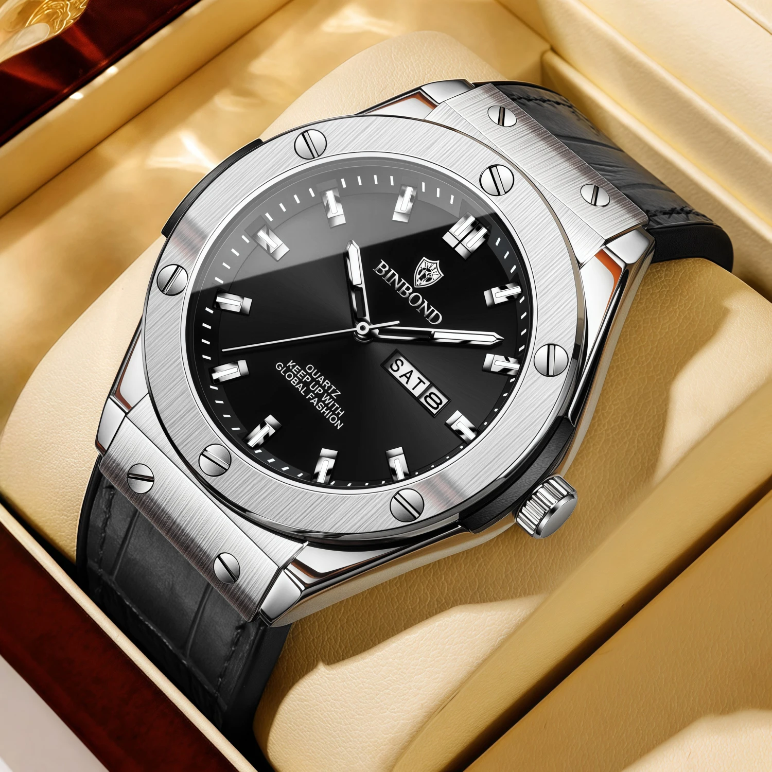 

BINBOND Business Mens Watch Black Dial Date Display Week Display Leather Strap Waterproof Quartz Watch Backlight Birthday Gift