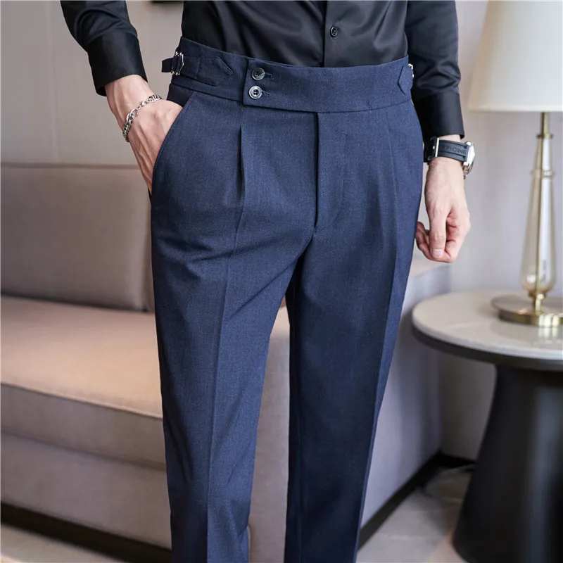 British Style Men High Waist Casual Dress Pant Men Belt Design Pink Trousers Formal Office Social Wedding Party Dress Suit Pants