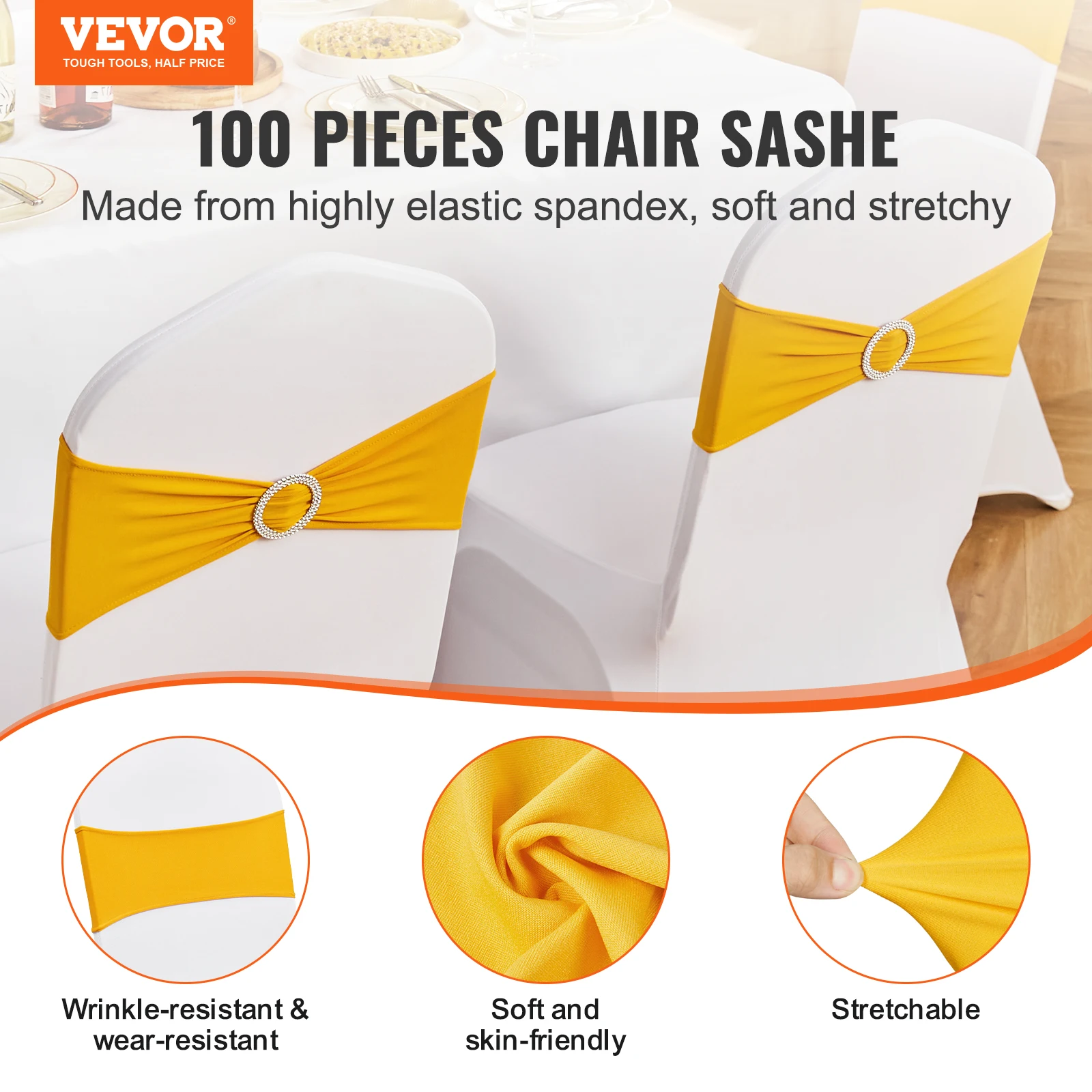 VEVOR 100pcs Stretch Spandex Chair Sashes Bows Stretch Chair Slipcover Sash Elastic Chair Bands for Wedding Holiday Decor