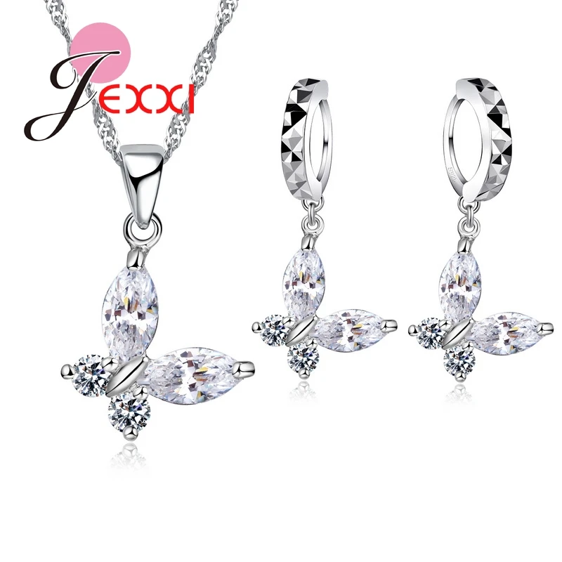 Women Best Gift  Sterlling Silver Cubic Zirconia Cute Butterfly Pendant Necklace Crystal Drop Earrings Brincos Collar