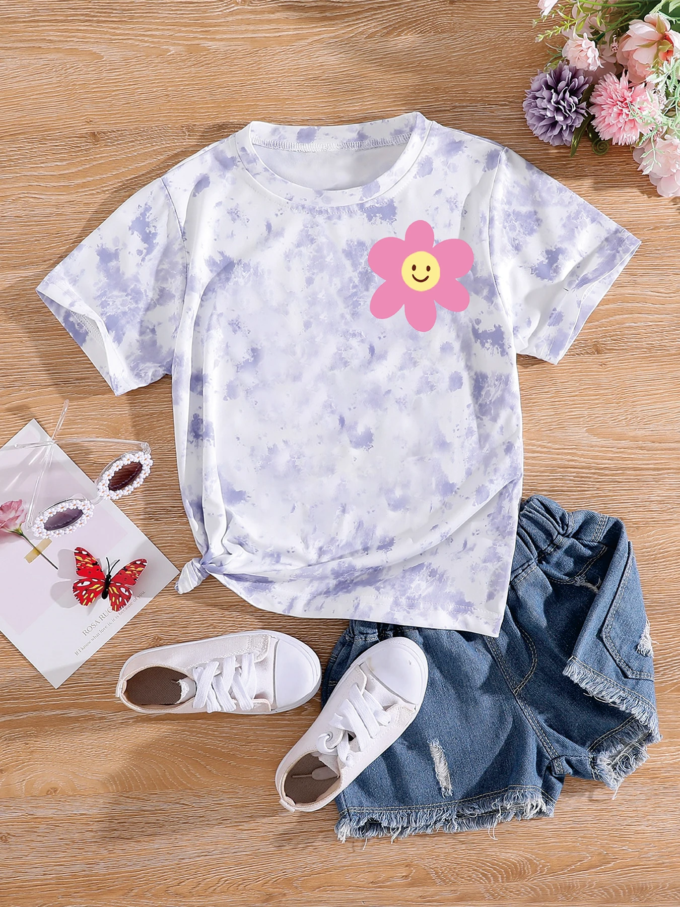 Comfy Kids Girls Tie-Dye Smiley Flower Print T-Shirt, Soft Breathable Short Sleeve Tee for School & Play