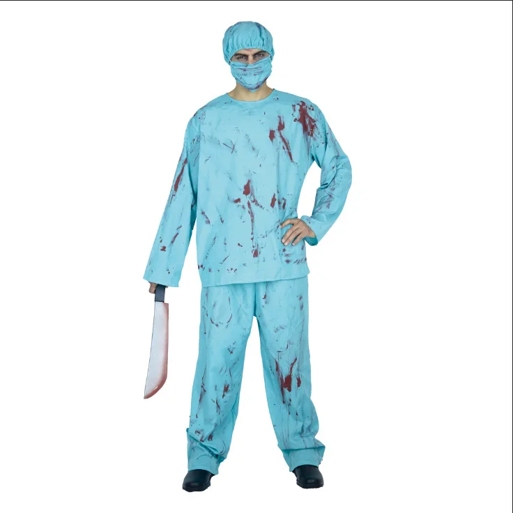 Horror Game Blood Enfermeira Cosplay Uniforme com Chapéu, Traje De Halloween, Vestido Azul, Adulto