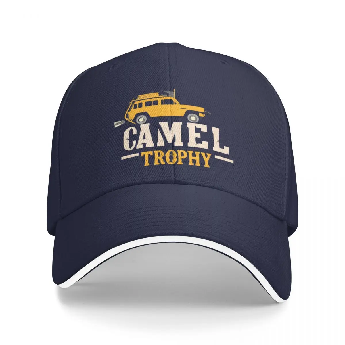 Camel Trophy Logo Baseball Cap - Adjustable Navy Blue Polyester Racing Hat with Yellow Graphic Design, Lightweight