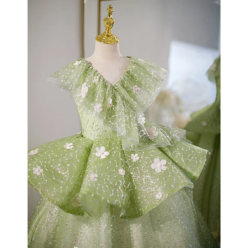 Crianças verde beading apliques tule vestido requintado lantejoulas vestido de festa de casamento sem mangas chiffon vestidos da menina de flor 4-12y