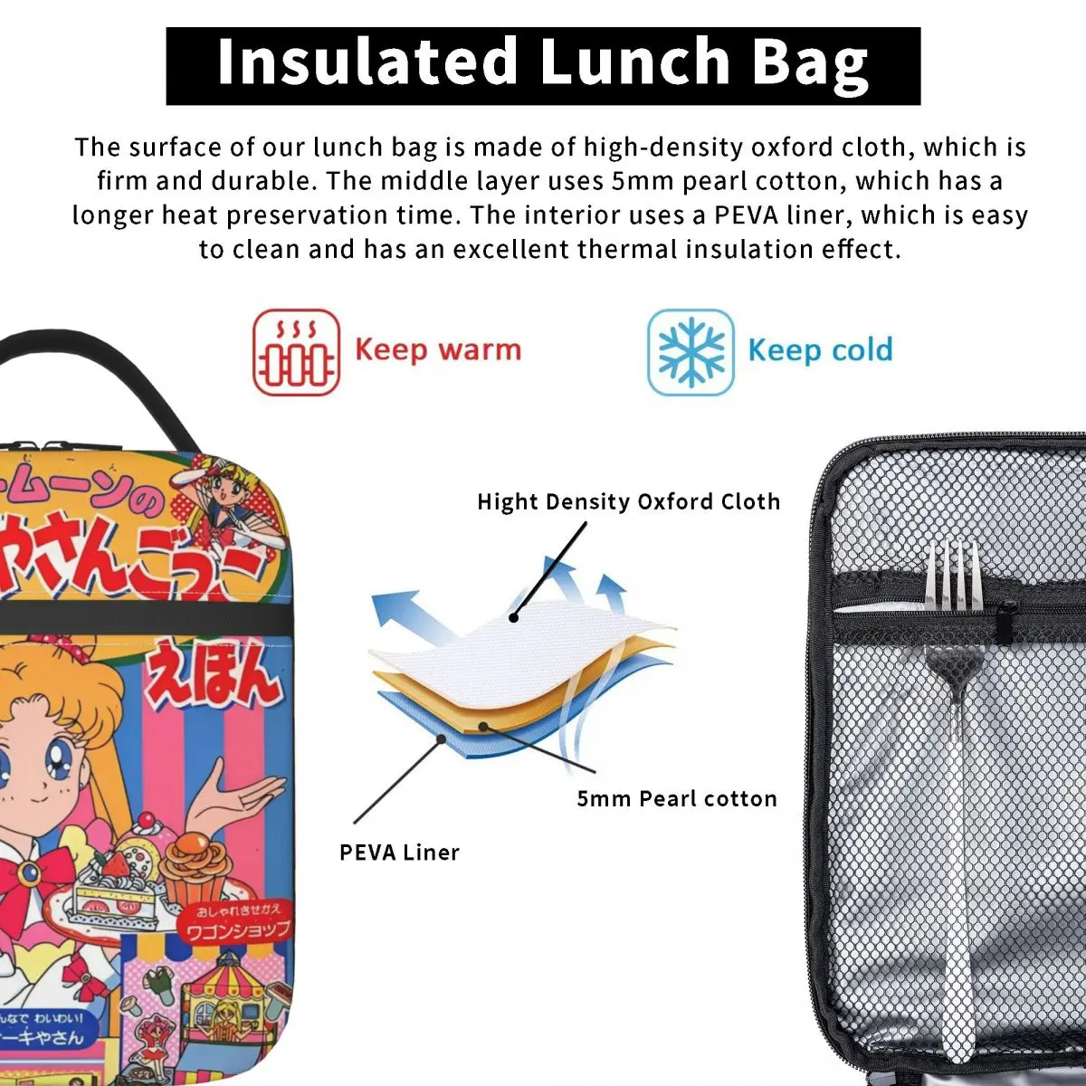 Cartoon Sailors Moons Isolierte Lunchtasche Kühltasche   Essensbehälter, hohe Kapazität, Lunchbox für Männer und Frauen, Arbeit, Reisen