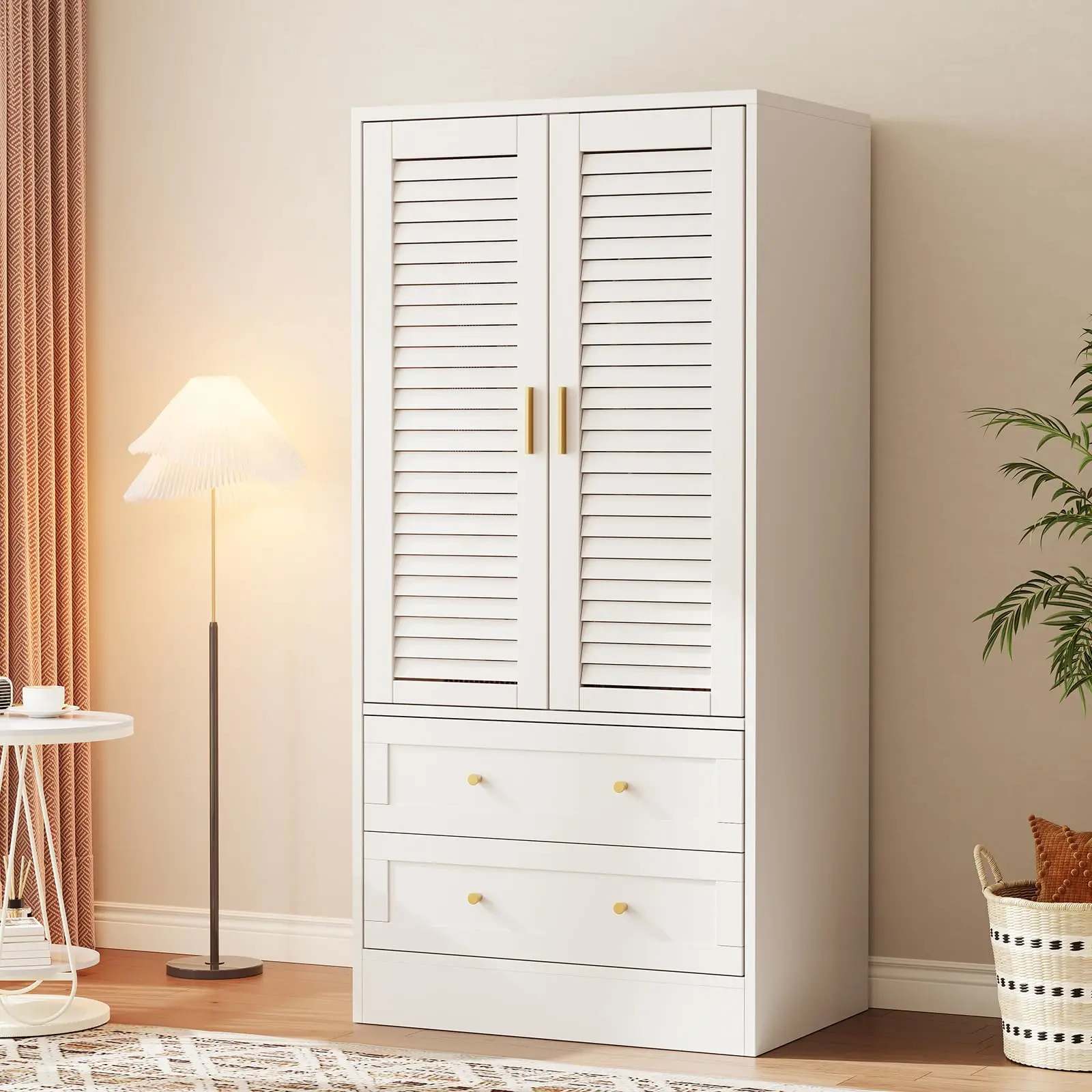 

CuisinSmart Wardrobe Armoire Closet with 2 Drawers, 2 Shutter Door Armoire Wardrobe Closet with Hanging Rods, for Bedroom