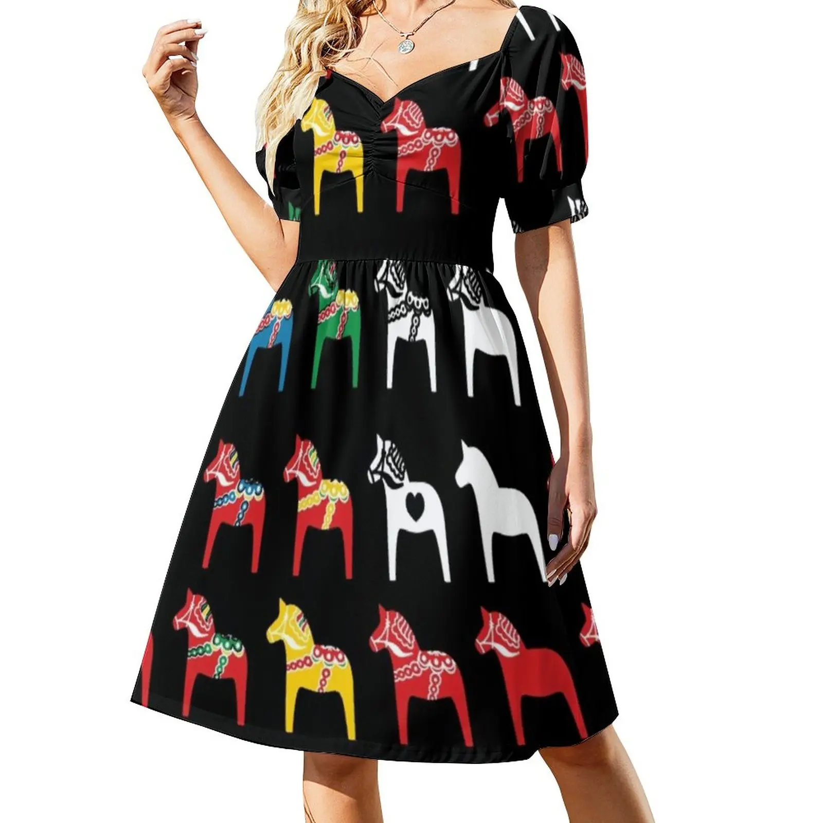 Sweden Horse Colorful Dress Sexy V Neck Dala Horses Traditional Retro Dresses Street Fashion Casual Dress Oversized Vestido