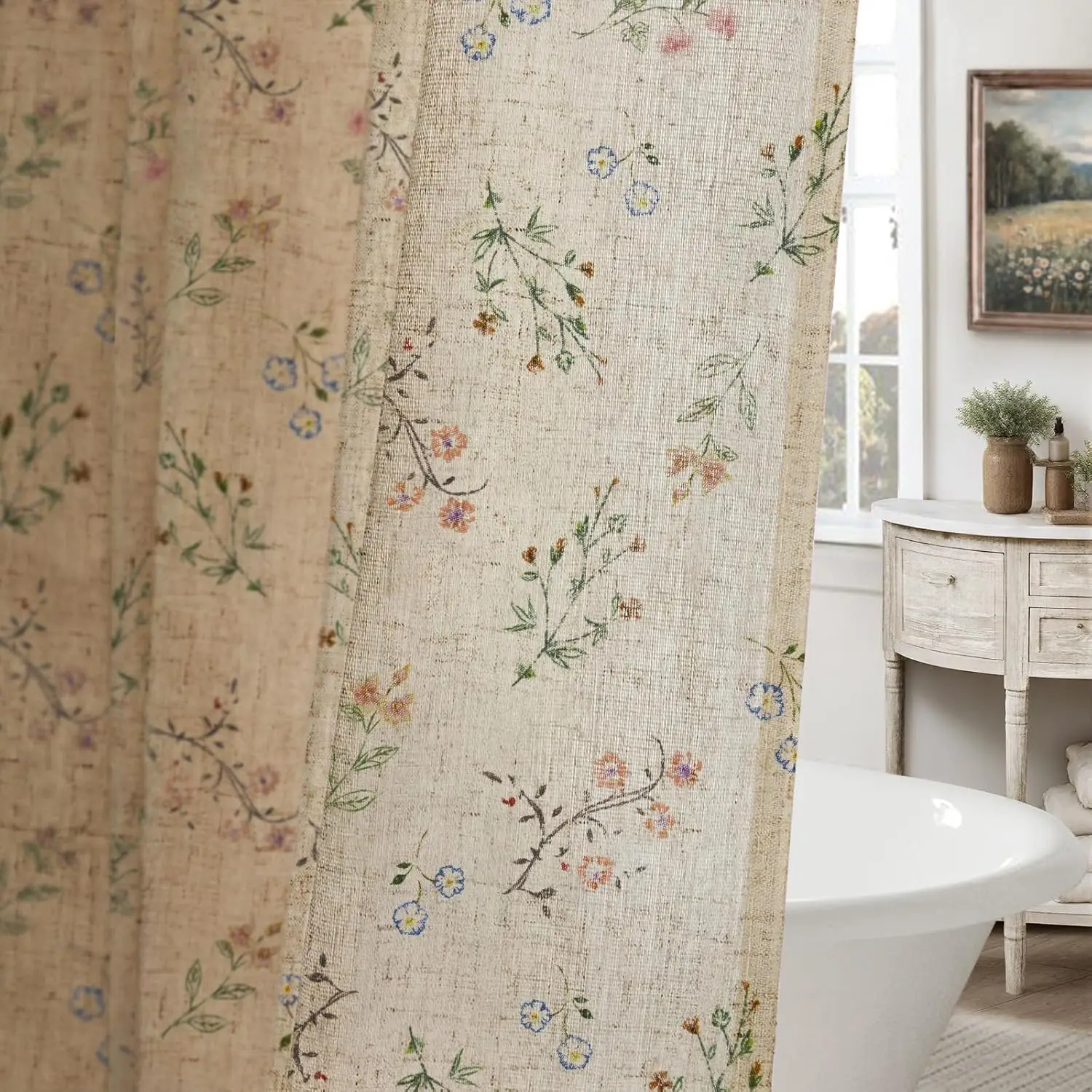 

Floral Farmhouse Vintage Linen Shower Curtain, French Country Spring Bathroom Decor, 72Wx72H