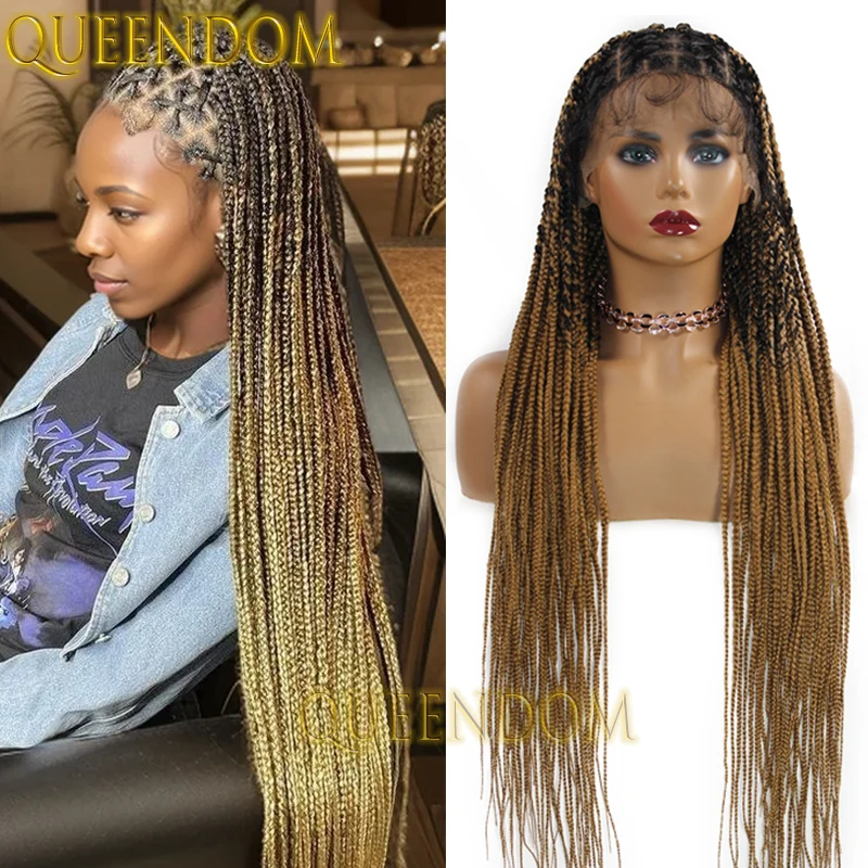 

Queendom 36 Inch Synthetic Ombre Blonde Braided Wig Full Lace Criss Cross Braids Wig 360 Knotless Box Braid Long Lace Front Wig