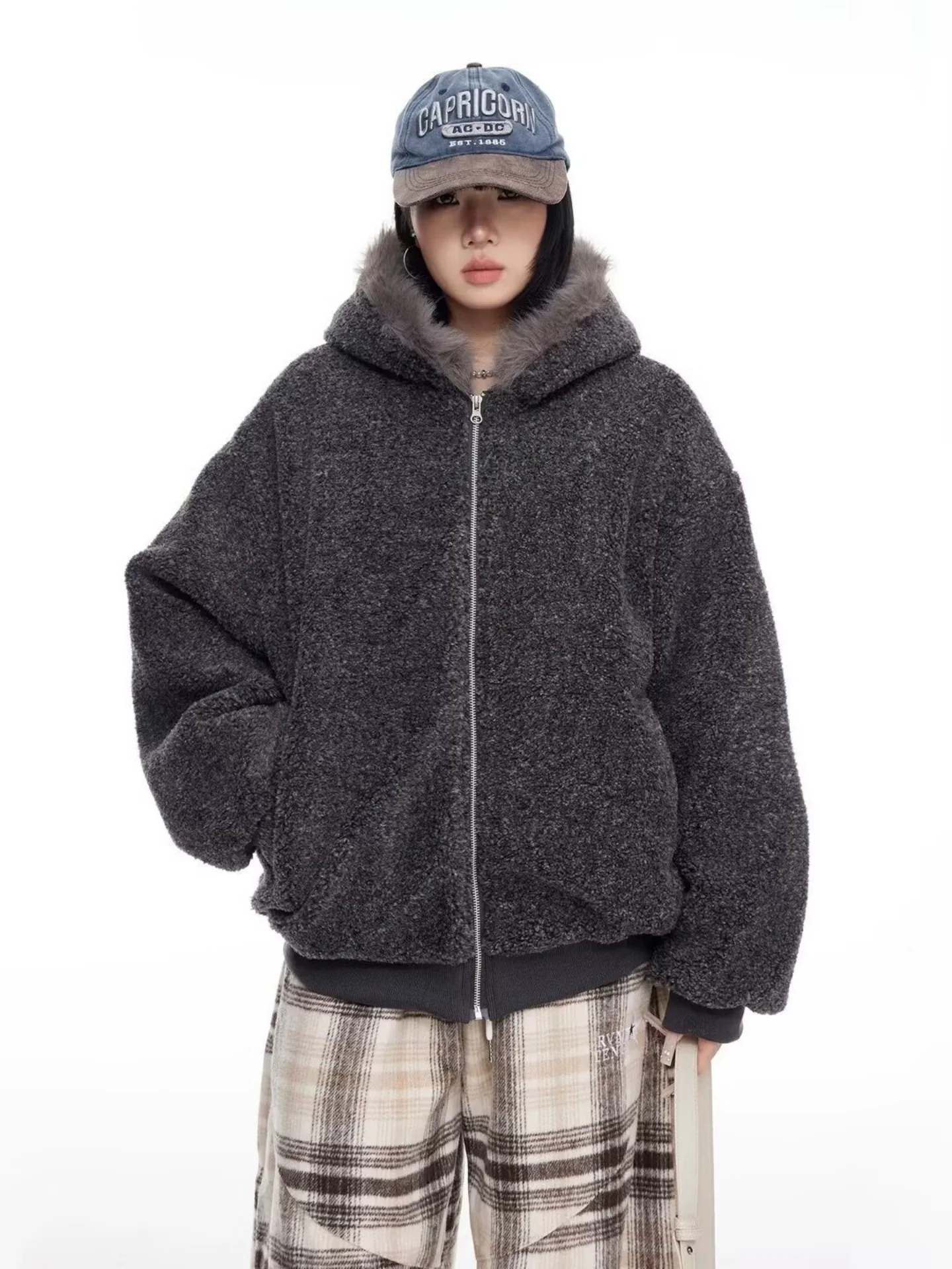 

Retro American Plu Collar Hooded Cotton Jaet ex Autumn Winter Loose Casual Cotton Coat Trendy Youth Sle Warm Th...