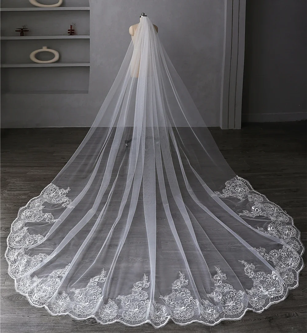 Wedding Veil Long Luxurious Bridal Veil Applique Lace Edge Sequins White/Ivory Veil With Comb Cathedral 1Tier 300/350/400cm