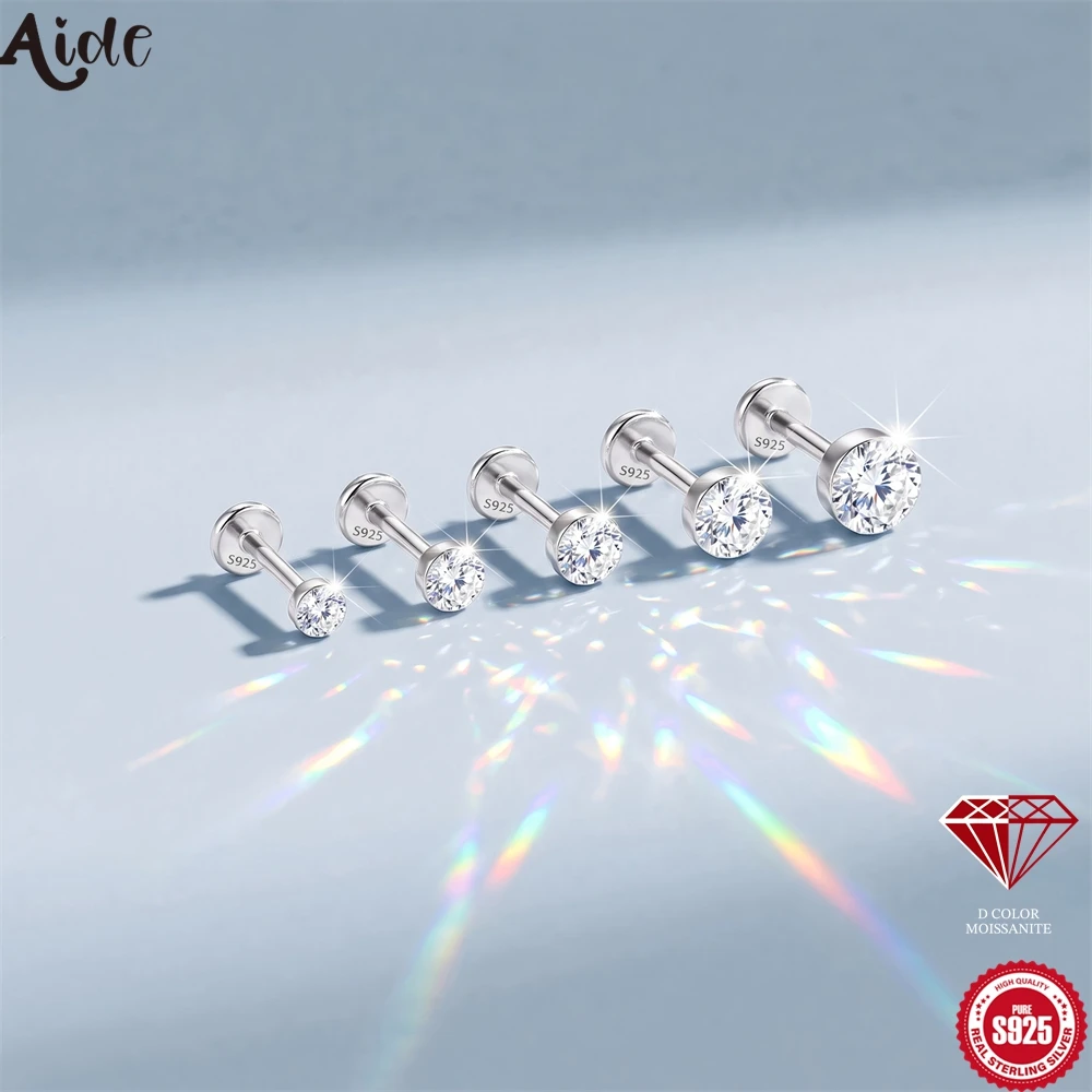 Aide Pendientes de cartílago de moissanita brillante, plata de ley 925, apilables, redondos, con cierre de rosca, para mujeres y hombres, joyería fina, 1 unidad