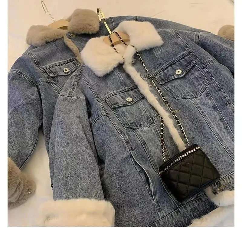 Vintage Solid color Jeans Jacket Women Autumn And Winter New Lamb Wool Loose Plush Thick Denim Coat female Casual outerwear R461