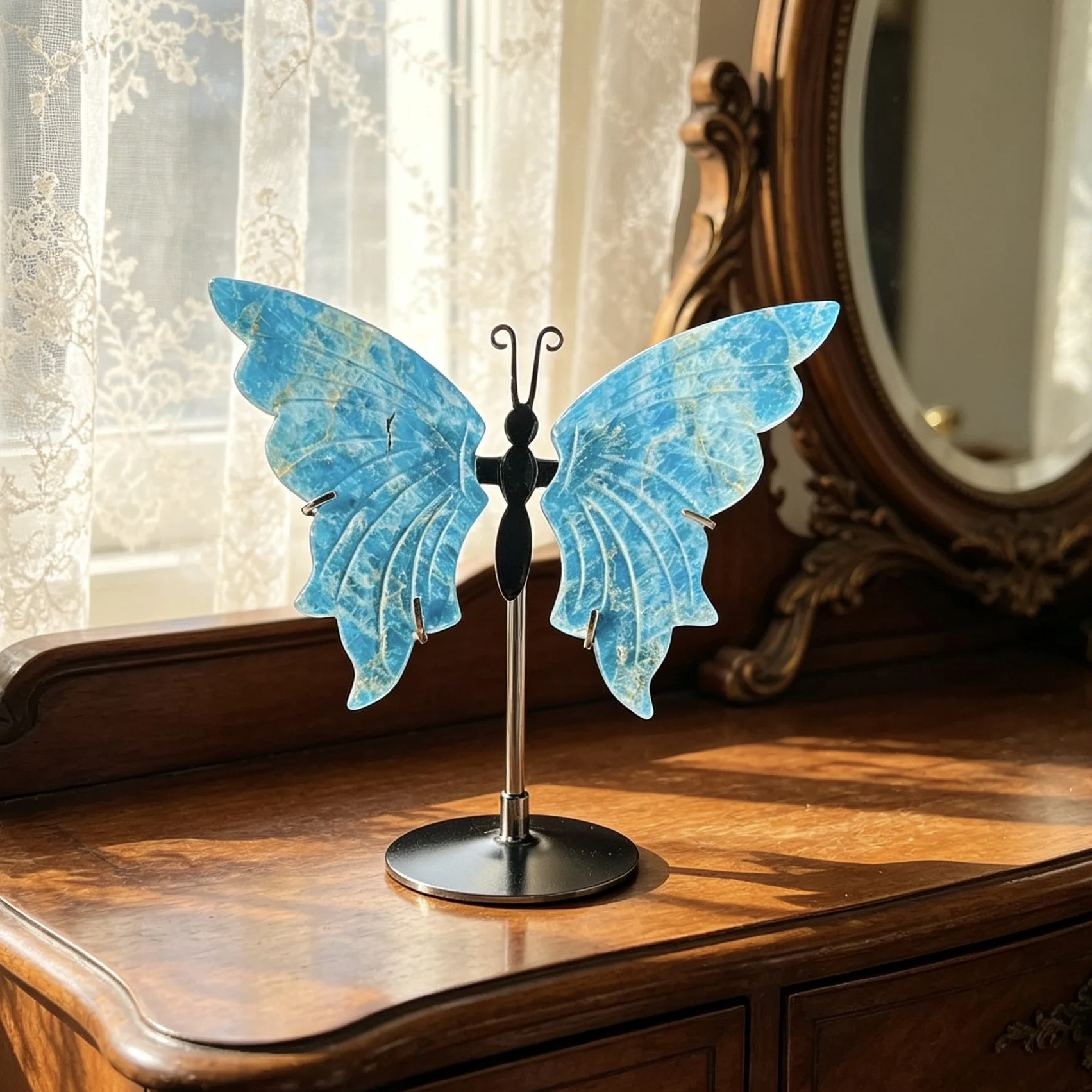 Adorno de alas de mariposa de cristal de apatita azul Natural, recuerdo de recuerdo, renacimiento, transformación simbólica, piedra preciosa curativa