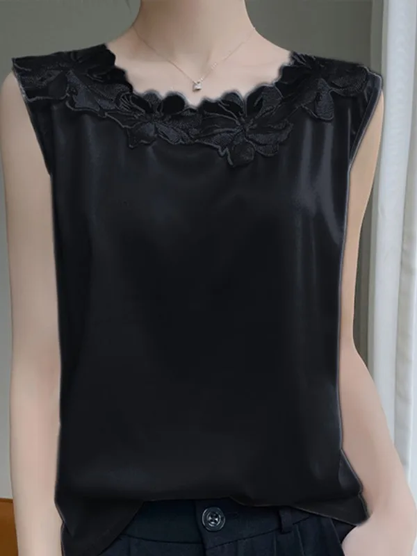 Ele Lace Splice okrągły dekolt Ne Svel Kamizelka Damska Nowość 2025 Elegancka Wyszczuplająca Bielizna Wewnętrzna Satynowa Bluzka Do Pracy Luźny Krój