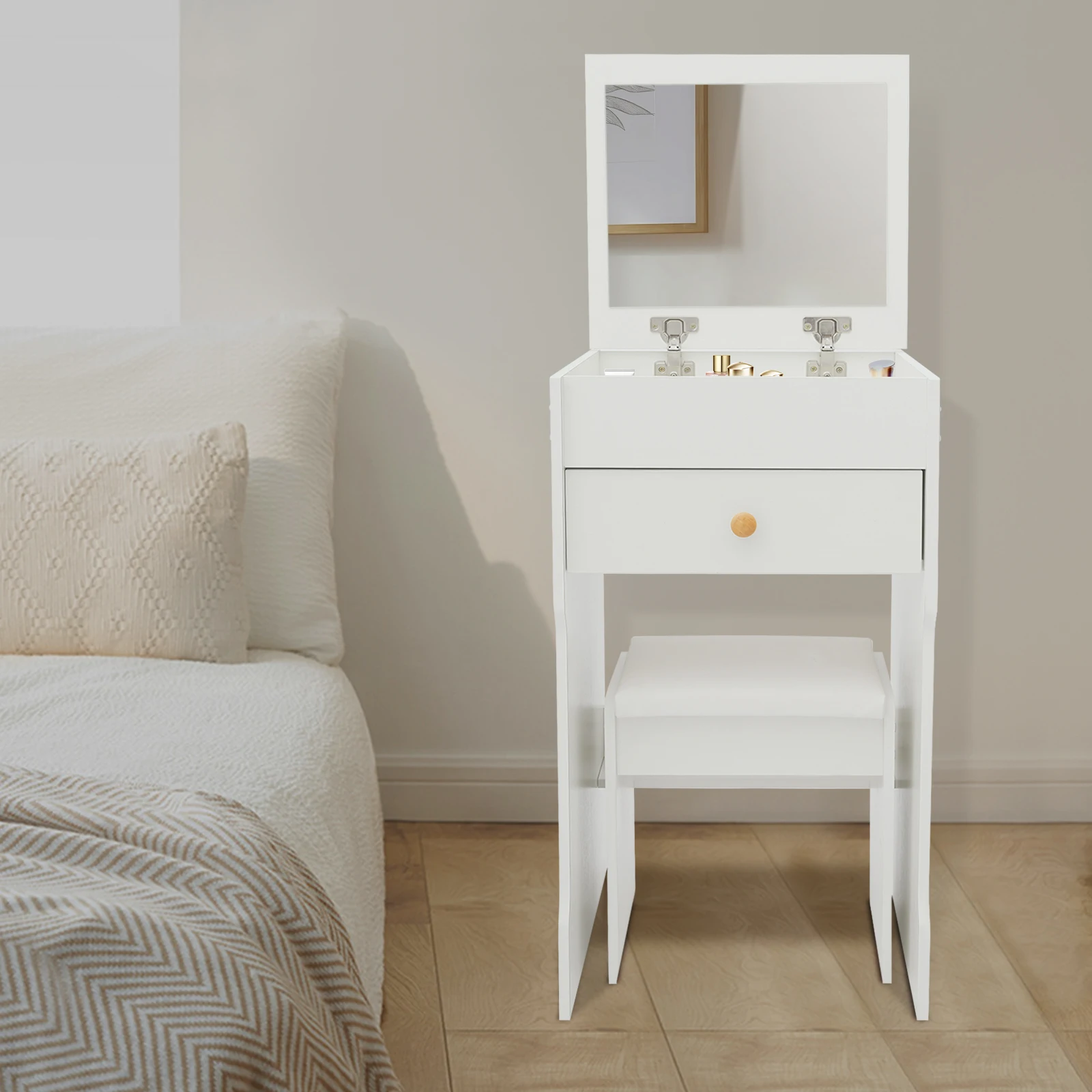 Vanity Table with Stool, Compact Makeup Desk with Drawer & Flip-Open Mirror, Space-Saving Bedside Nightstand for Bedroom, Modern Dressing Table with Storage, Easy Clean, High Load 90kg
