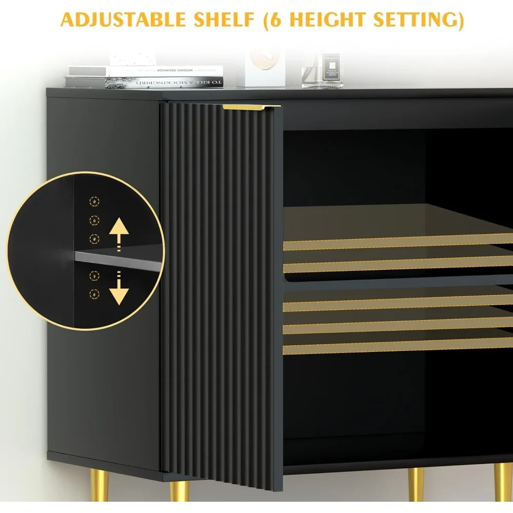بوفيه خزانة جانبية من الخشب الأسود الأنيق مع أرفف قابلة للتعديل ولمسات معدنية ذهبية #4