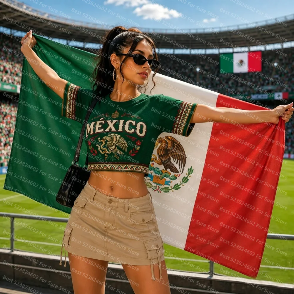 Y2K Mexico Crop Tops Women Green Eagle Print Short Sleeve Crewneck Slim Cropped T Shirt Retro Sport Stadium Casual Streetwear