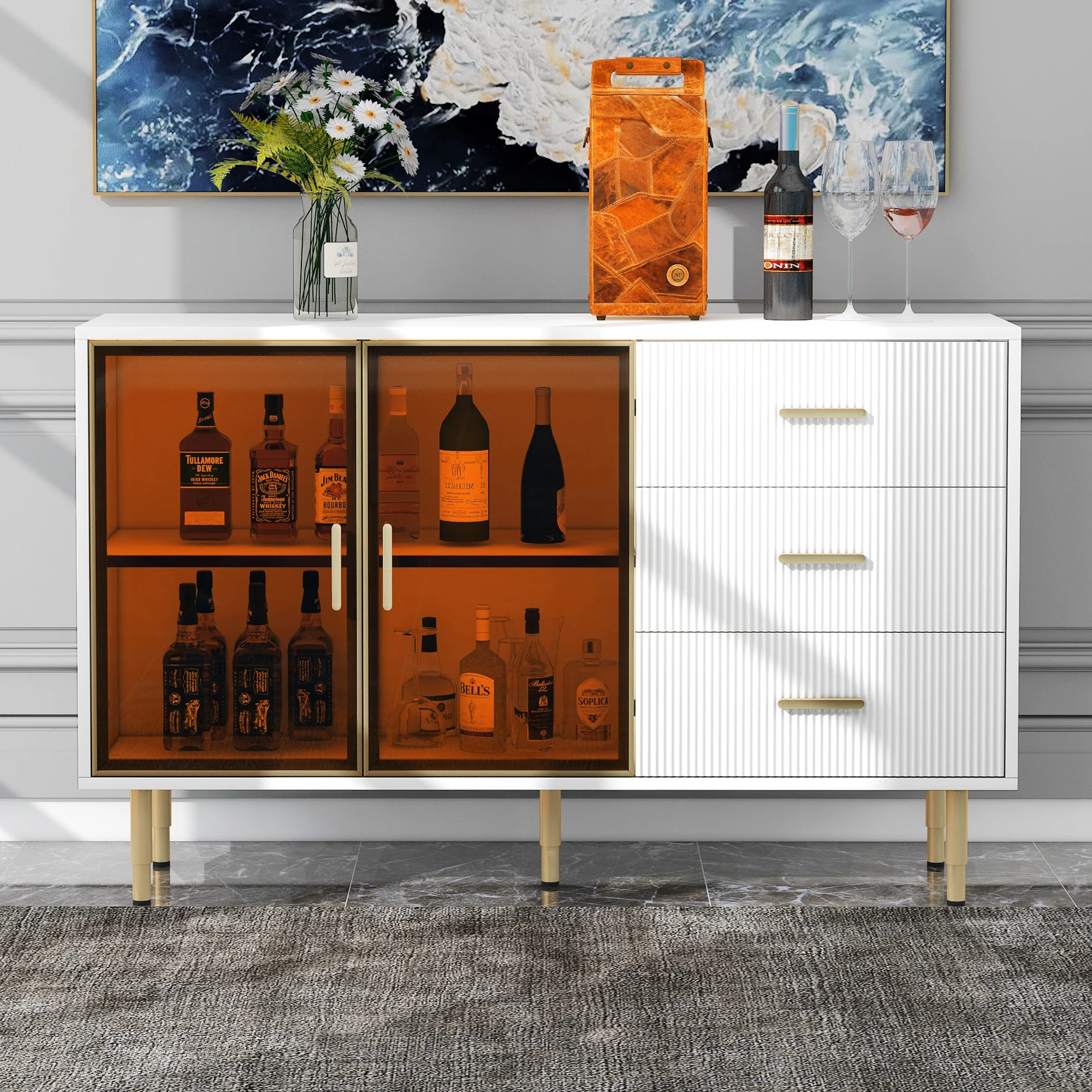 Modern Sideboard MDF Buffet Cabinet Marble Sticker Tabletop&Amber-Yellow Tempered Glass Doors W/Gold Metal Legs&Handles White