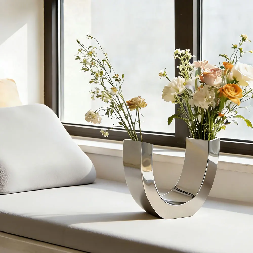 Modern U-Shaped Stainless Steel Flower Vase Silver Metal Decorative Planter for Home Bedroom Living Room Table Floral
