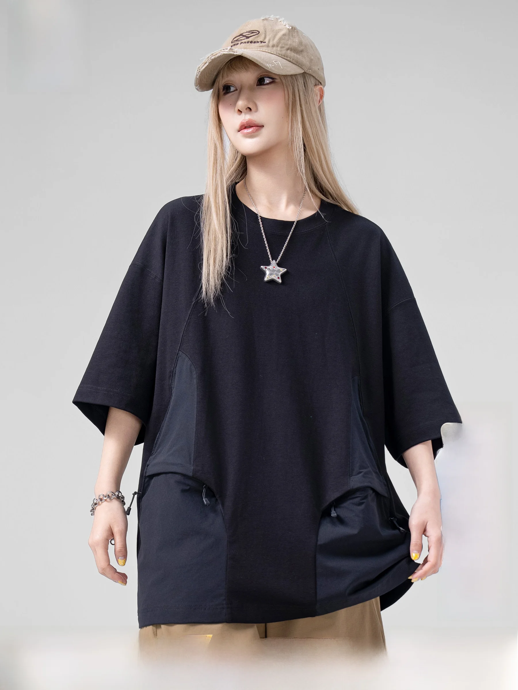 AOGZ Deconstructed Patchwork T-Shirt Unisex Summer 2026 Loose Functional Style Pocket Design Short Sleeve Fashionable Casual ...