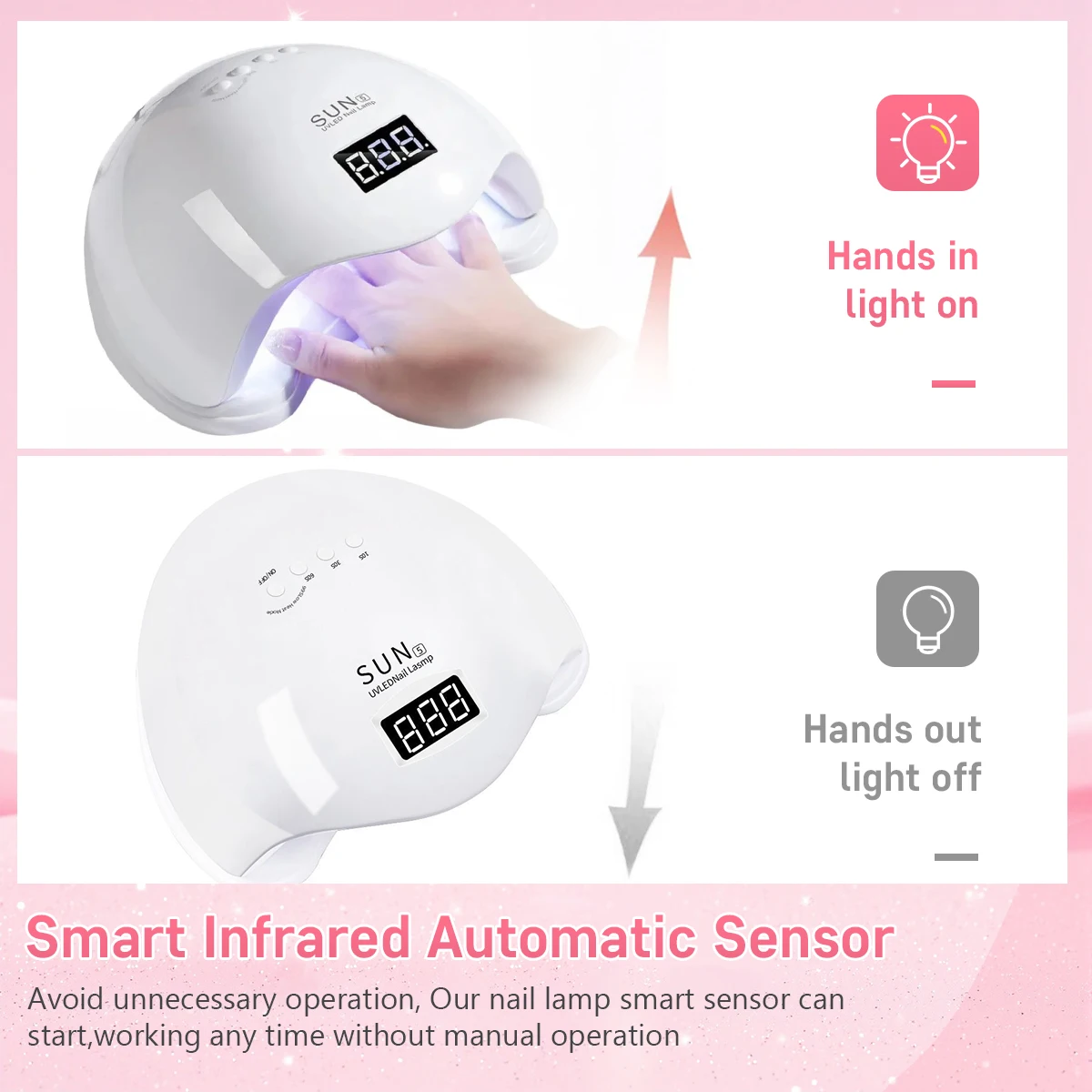 SUN5 UV LED 네일 램프 48W 네일 드라이어, 젤 네일 폴리쉬 경화용, 4단계 타이머 자동 센서 LCD 디스플레이 탑재 전문가용 네일 램프