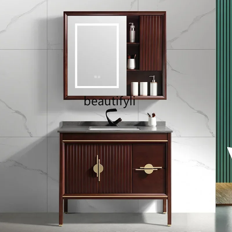 G8578 Chinese Oak Solid Wood Bathroom Cabinet Smart Mirror Cabinet Hand Washing Washbasin Cabinet Combination Stone Plate Table