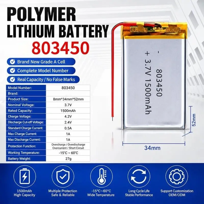 [New] [803450] for Beauty Instrument Polymer Lithium Battery 1500mAh 3.7V 5pcs Multi Purpose UN38.3 Certified Replacement Bat