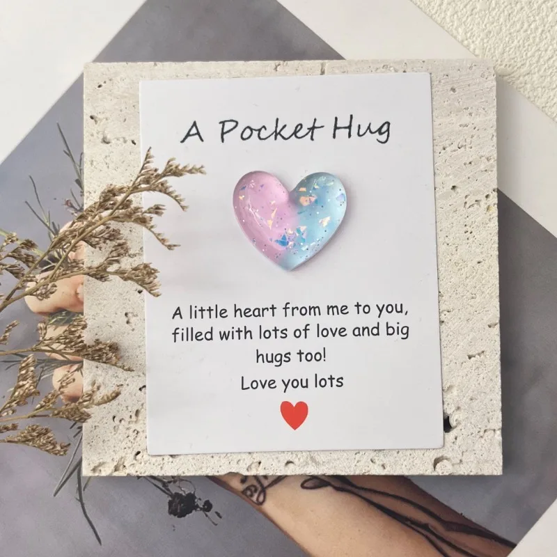 1pcs Gradient Shimmer Glitter Resin Pocket Hug Heart Card Positive Affirmation Sentimental Long Distance Comfort Gift