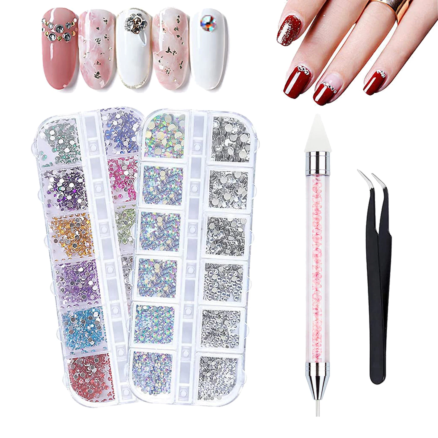 2 Boxes Nail Art Crystal Rhinestones Flatback Glitter Gems Accessories Kit with Tweezers and Picking Pen Nail Decoration