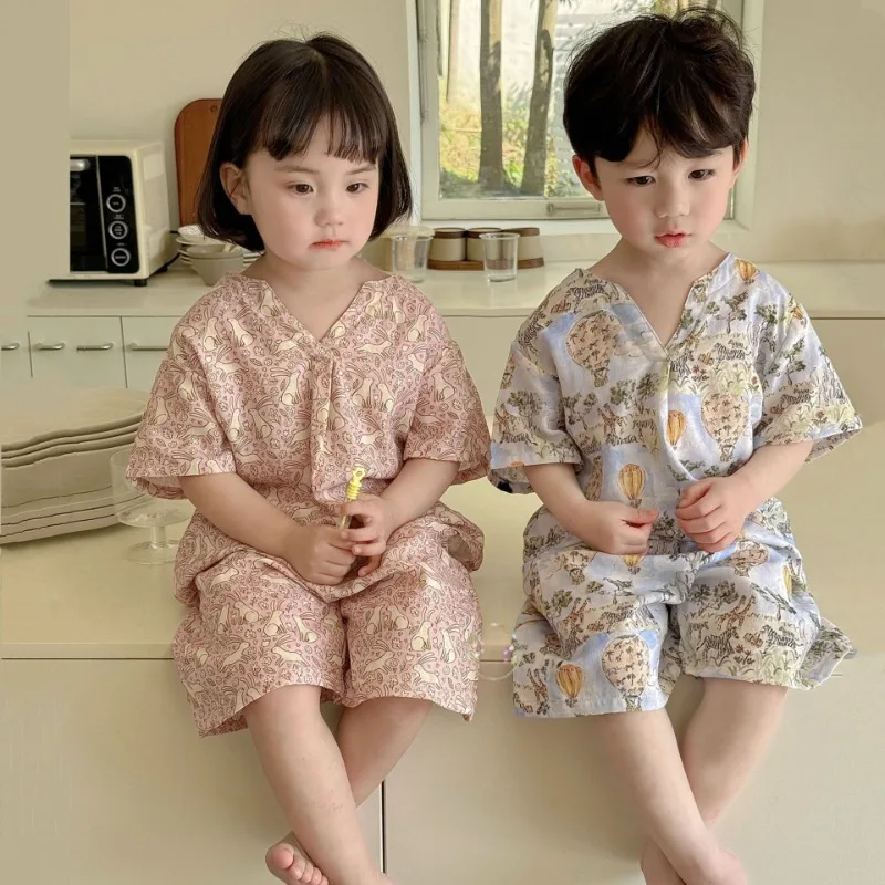 Summer Kids Clothes Cotton Girls Pajamas Short Sleeve Boy Cartoon Sleepsuit Korean Casual Children Pajamas for Kids 잠옷 Sleepwear