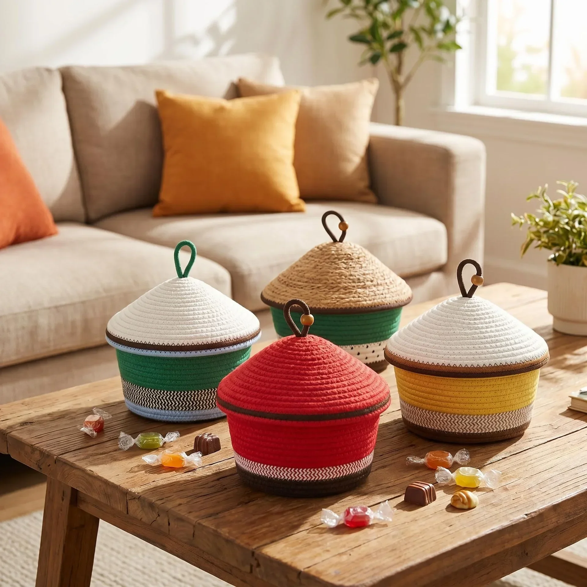 Cotton Rope Woven Storage Basket With Lid Desktop Finishing Basket Entrance Sundries Storage Basket Straw Woven StorageX9