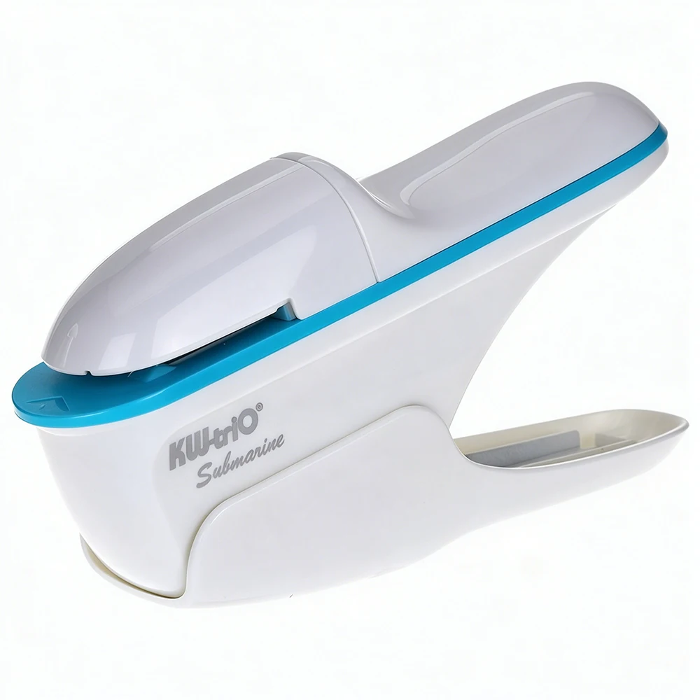 Needleless Stapler, White with Blue Trim, Portable Handheld, Practical Mini Binding Supplies for Office and Student Use