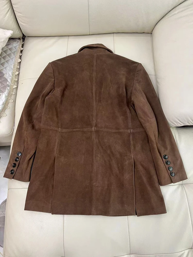 Vintage Nubuck Leather Coat for Women Spring Fashion Genuine Suede Retro Jacket Unburn Maillard Old Money Style Silhouette Suit