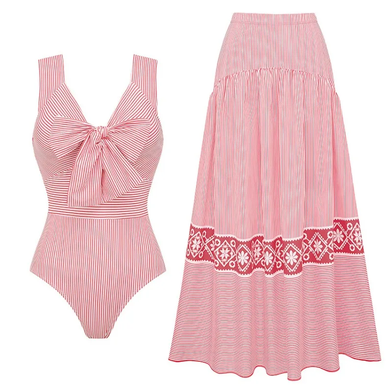 

One Piece Swimsuit For Women European And American Swimsuit Sweet Girl Bow Striped One-piece Swimsuit Suit Women