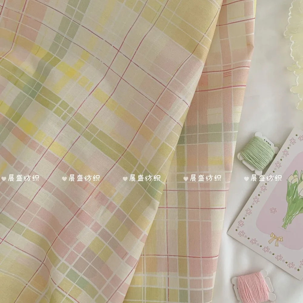 145x50cm Vintage Plaid 40S Pure Cotton Printed Yellow Tulip Fabric for Handmade DIY Hair Accessories Garment Bags Sewing Cloth