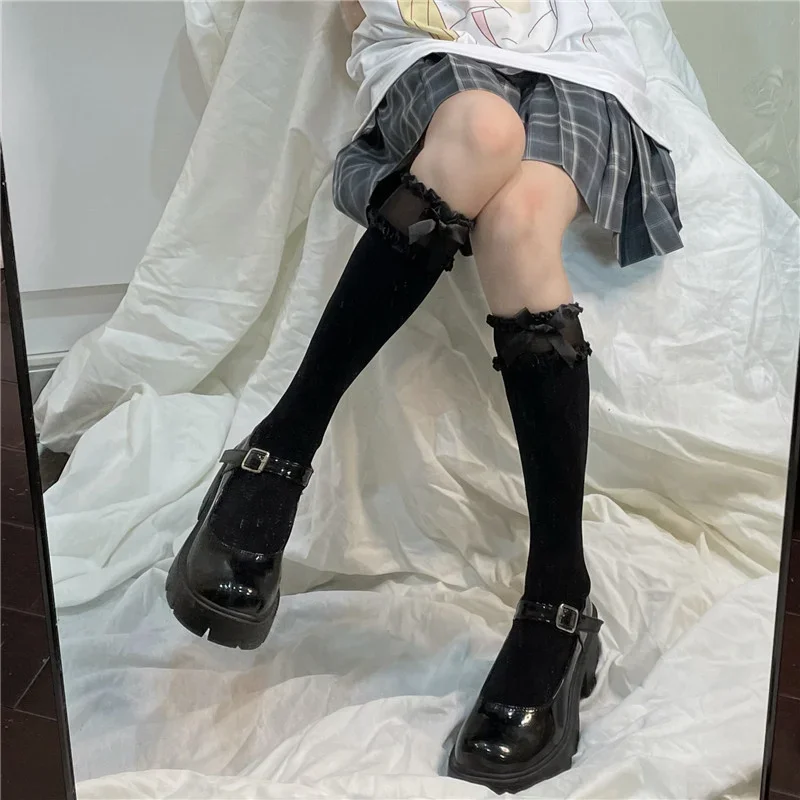 

Женские кружевные чулки в стиле Лолита, прозрачные длинные чулки в японском стиле с бантом, для повседневной носки, косплея и вечеринок