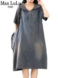 Max LuLu Brand Summer Ladies Korean Fashion Denim Dress Womens Hooded Loose Vintage Long Vestidos Classic Casual Elegant Clothes