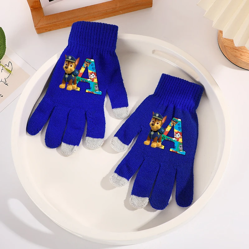 ถุงมือถักลายการ์ตูนพาวพาโทรลสำหรับเด็กชายและเด็กหญิง ถุงมือพิมพ์ลายตัวอักษร ถุงมือไหมพรมแฟชั่นสำหรับเด็ก อุ่นในฤดูหนาว ของขวัญ