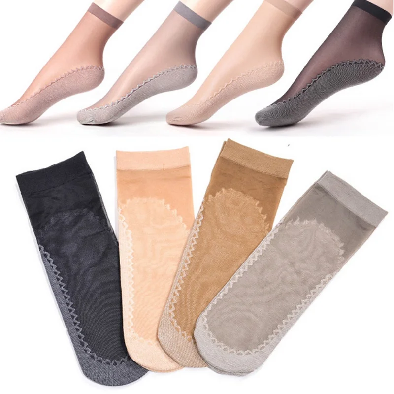 5Pairs Women Soft Socks Casual Non-Slip Bottom Splice Spring Autumn Transparent Ladies Girls Velvet Breathable Thin Silk Sock