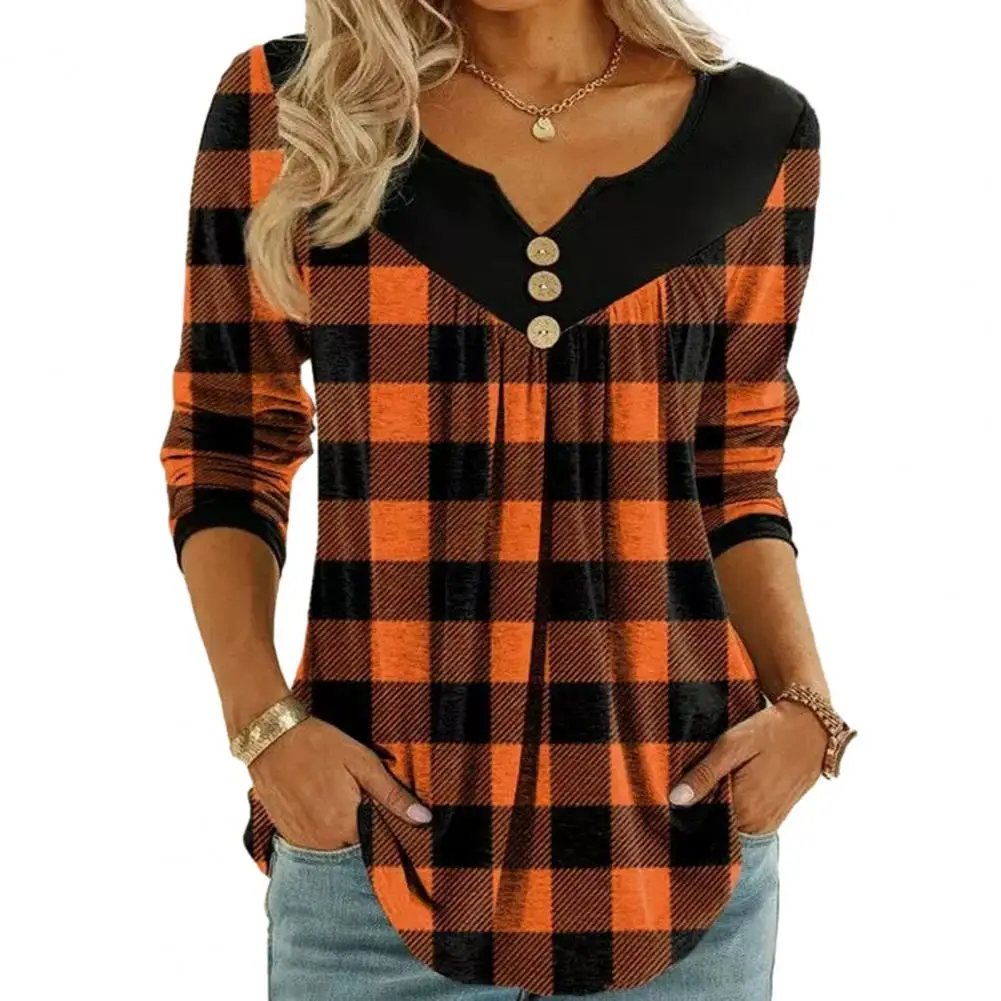 Women Tunic Tops Stylish Women\'s Christmas Plaid Blouse V-neck Tunic Tops with Button Decor Long Sleeves Mid-length Streetwear