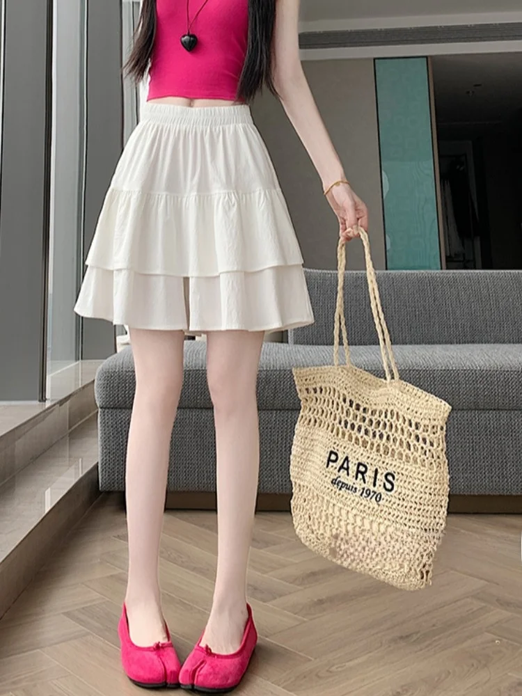 White Ice Silk Cotton Linen Patchwork Wide Leg Pants Women Summer Half Skirt Shorts A-Line Fluffy Cake High Waist Elastic Waist