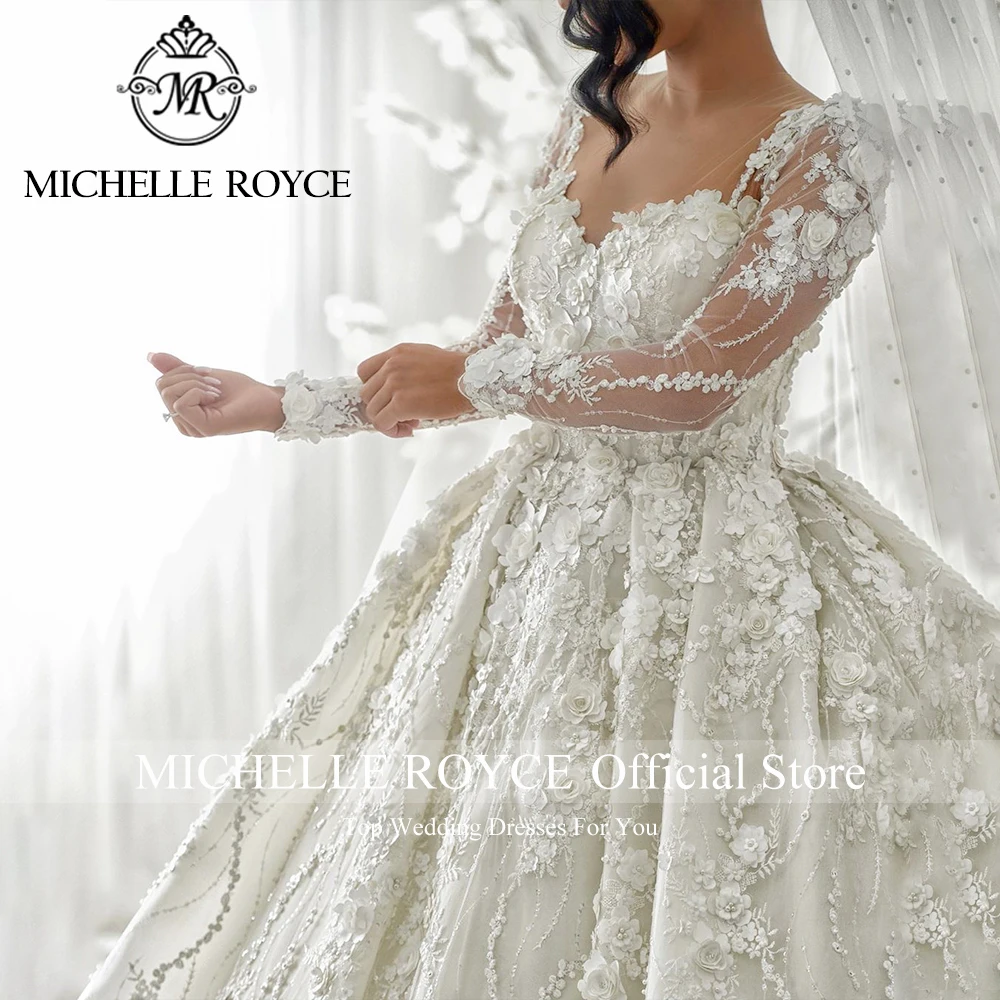 Michelle Royce-vestido De baile De lujo para mujer, Vestidos De Novia De manga larga, escote Corazón, flores 3D, 2024