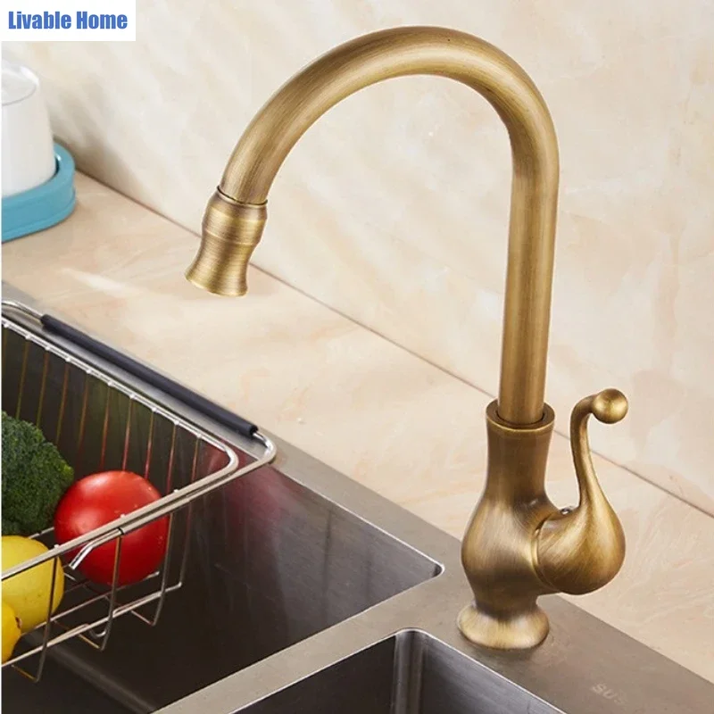 Antique-style kitchen sink with hot and cold taps, bathroom countertop basin with swivel spout, household splash-proof design