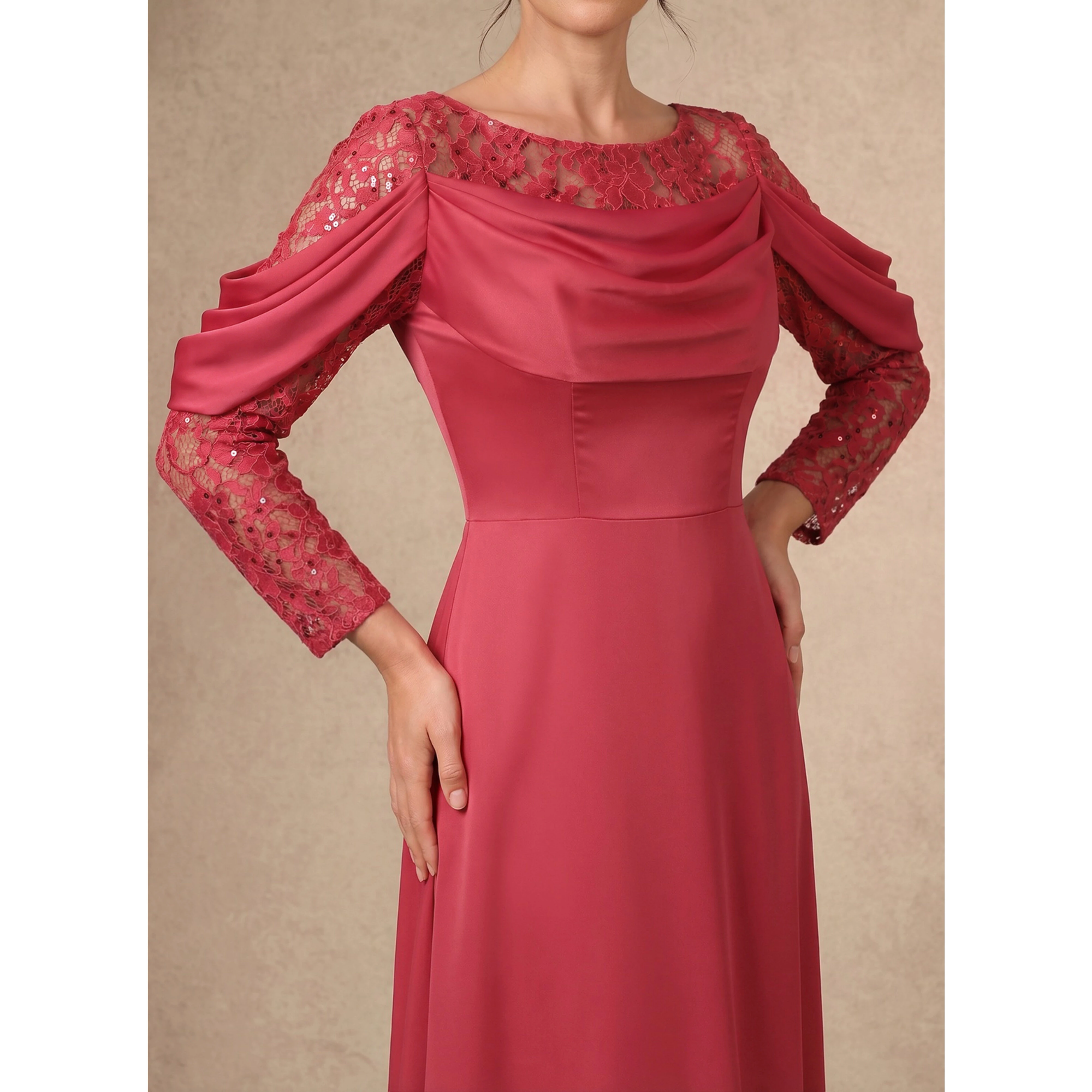 

2026 Elegant Lace Long Sleeve Chiffon Mother Of The Bride Dresses A-line O-neck Woman Wedding Banquet Formal Party Gown
