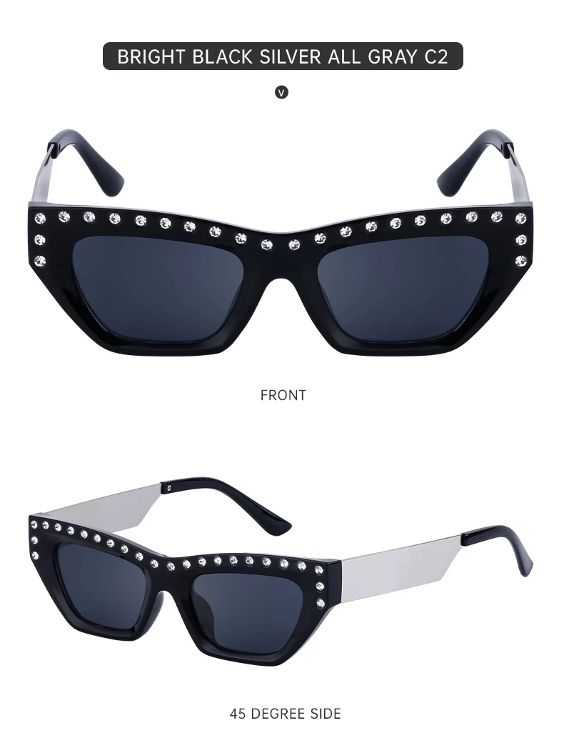 Katzenaugen-Rechteck-Sonnenbrille für Damen 2026 Luxusmarke Punk Kleiner Rahmen Strass-Sonnenbrille für Damen Mode Outdoor-Brillen – Detail 12